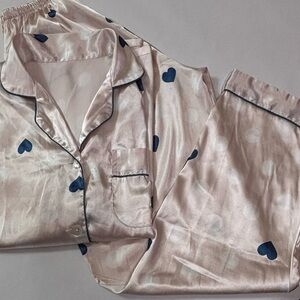 Pink Satin Polka Dot Pajama Set with Heart Pattern Sz One size